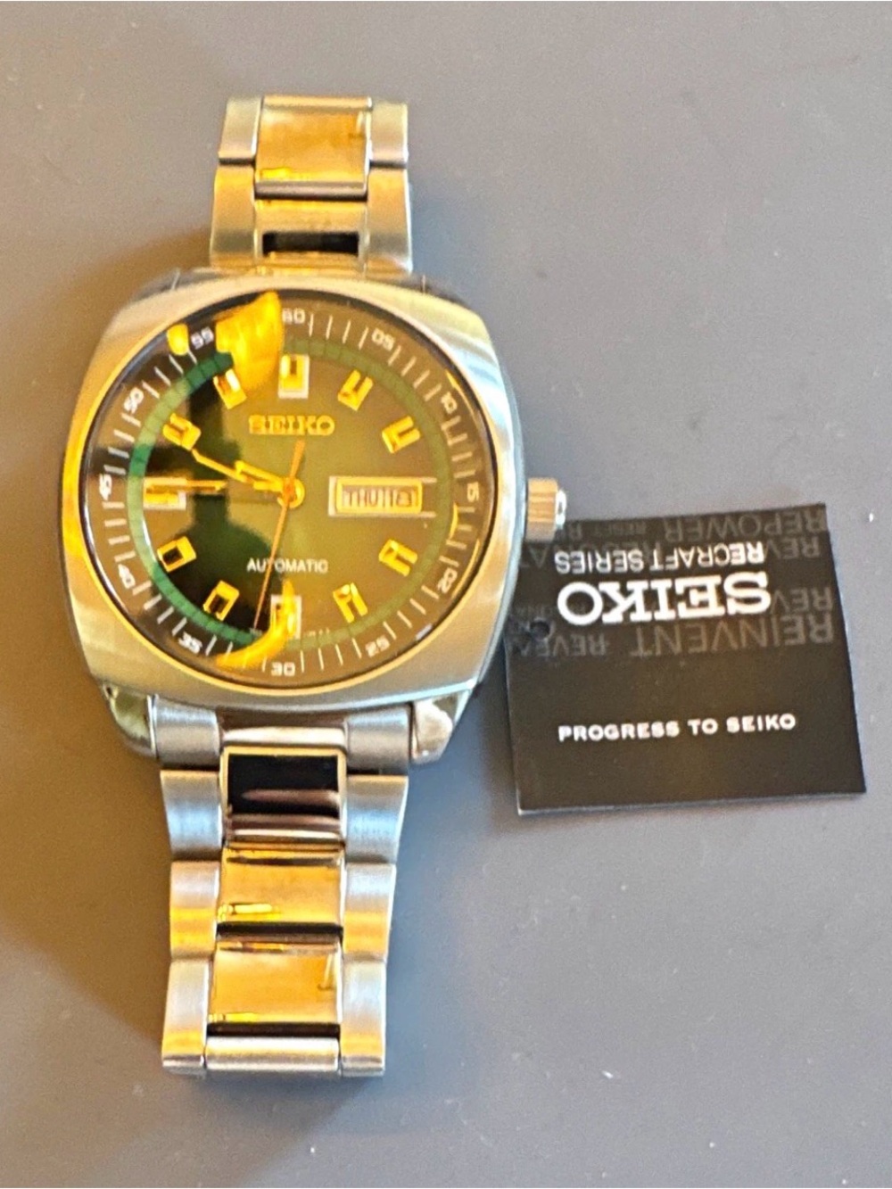 Seiko Silver Stainless Steel Watch with Green Dial